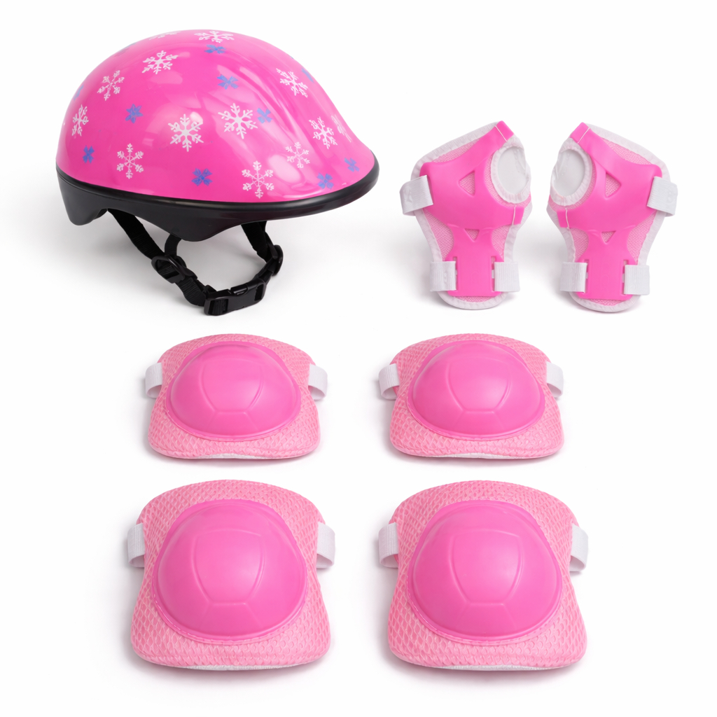 Kit Capacete Infantil Rosa 7 Peças com Joelheira Cotoveleira Munhequeira p Bike Patins Skate 6+ Anos