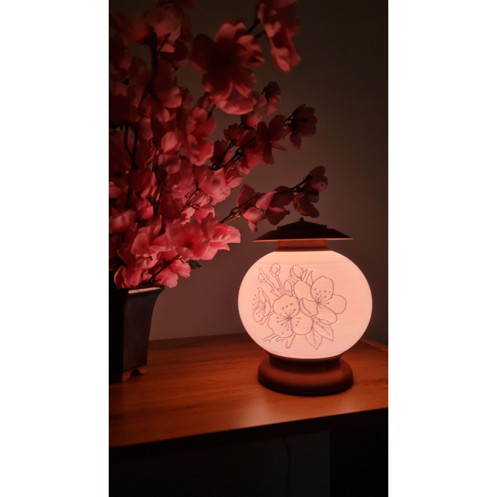 Imagem Luminária Abajur Japonesa Sakura Flor de Cerejeira | Decoração Zen Quarto Sala Luz Quente LED USB