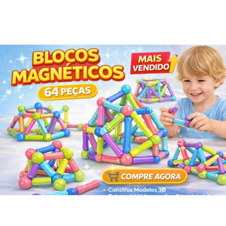 BLOCO MAGNÉTICO 64 PEÇAS  CONATRUÇÃO DE MONTAR 3D IMÃ BRINQUEDO EDUCATIVO em Oferta na Shopee