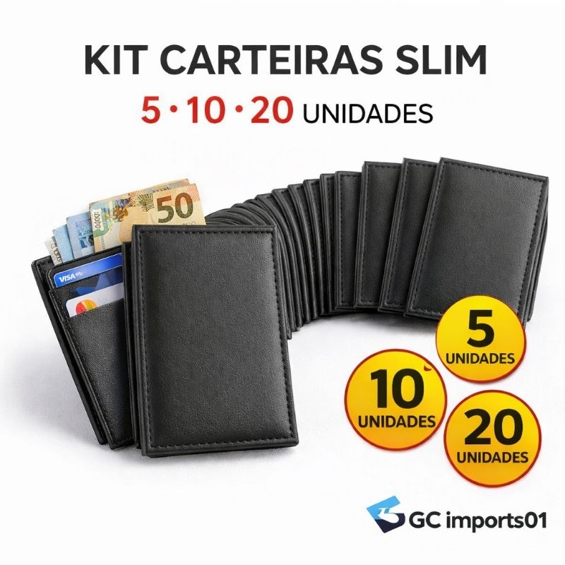 Kit Carteira Slim Masculina Couro Sintético Porta Cartões Minimalista 5 10 20 Unidades Revenda