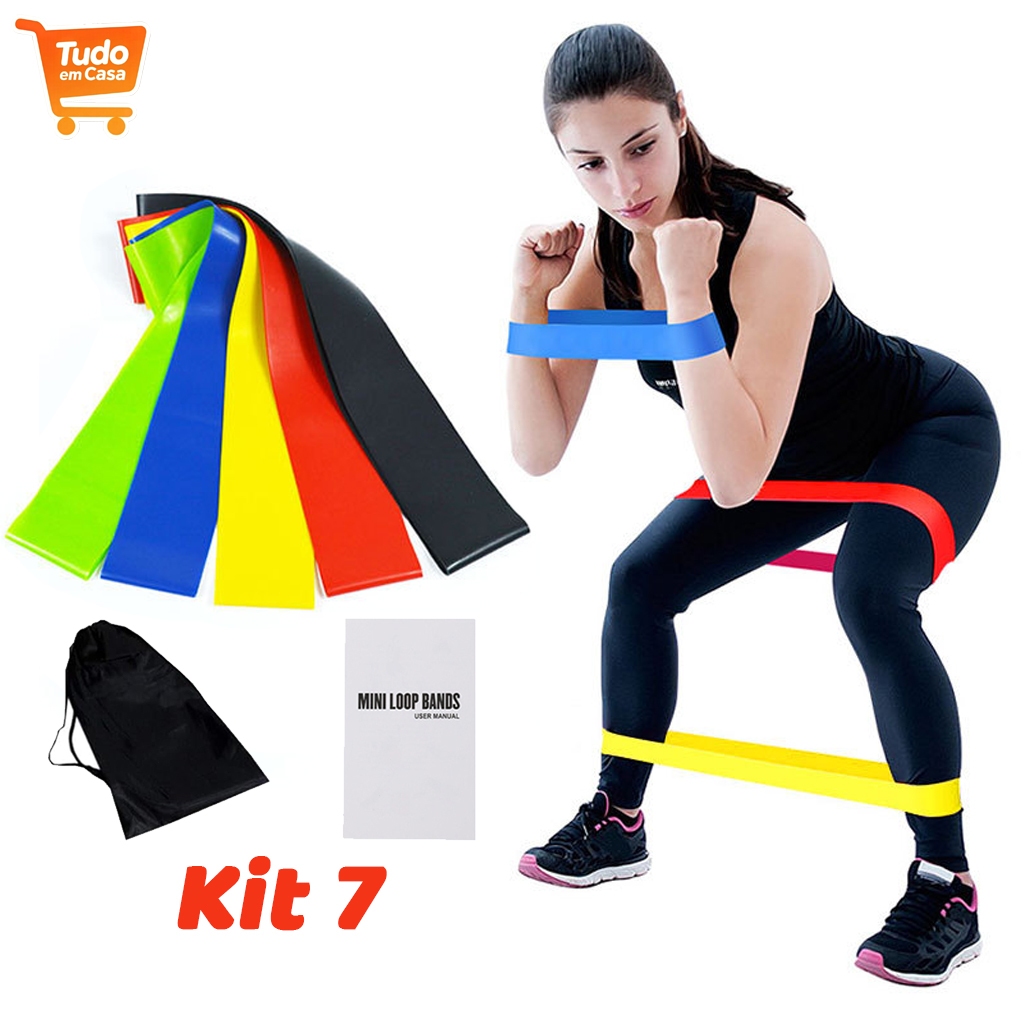 Kit 5/7 Banda Faixa Elástica de Resistência Band para Treino Yoga Pilates Treino Academia Musculação