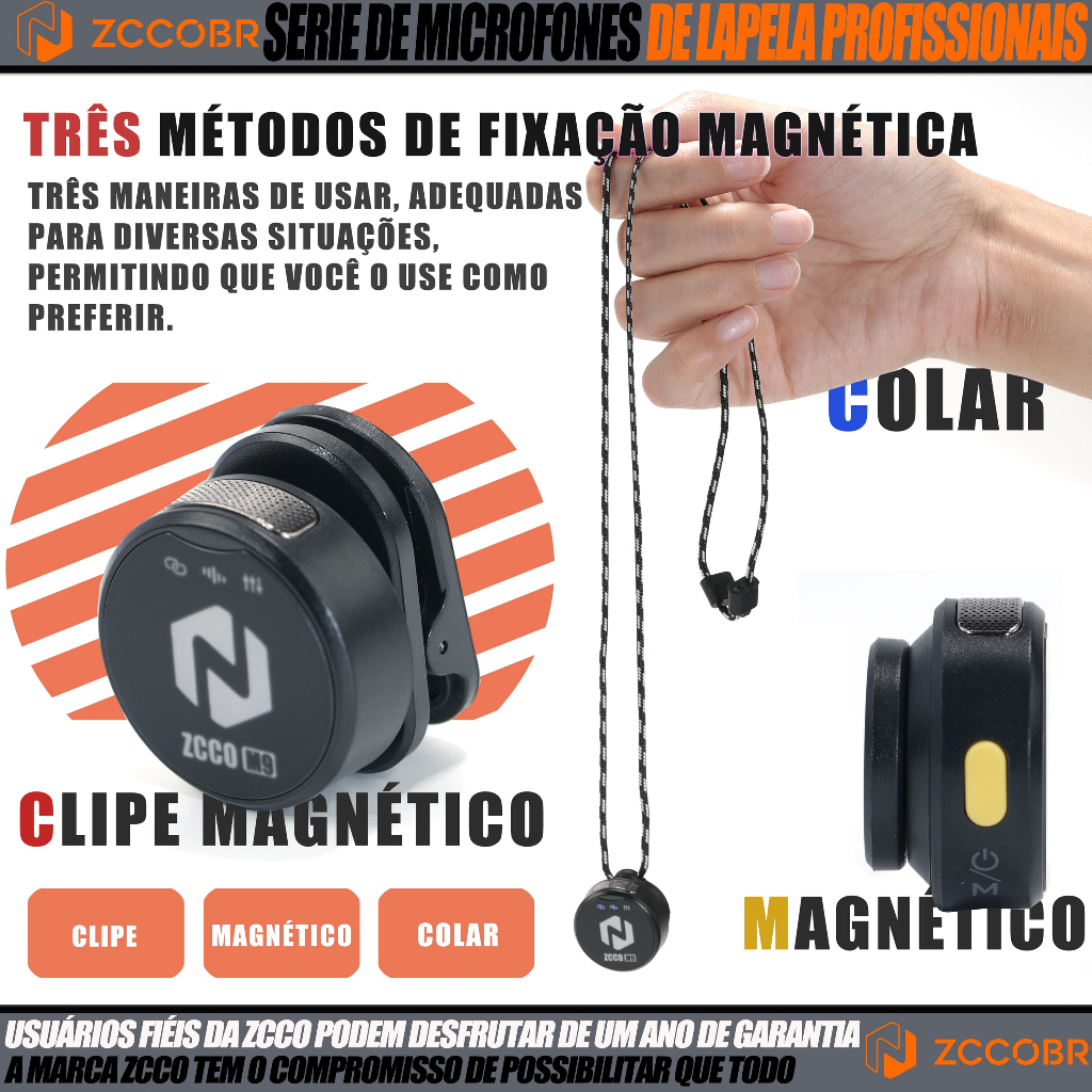 ZCCO M9 Max Microfone Lapela Magnético Sem Fio Duplo IA Redução de Ruído Gravação HD 48kHz 24Bit para iPhone Android