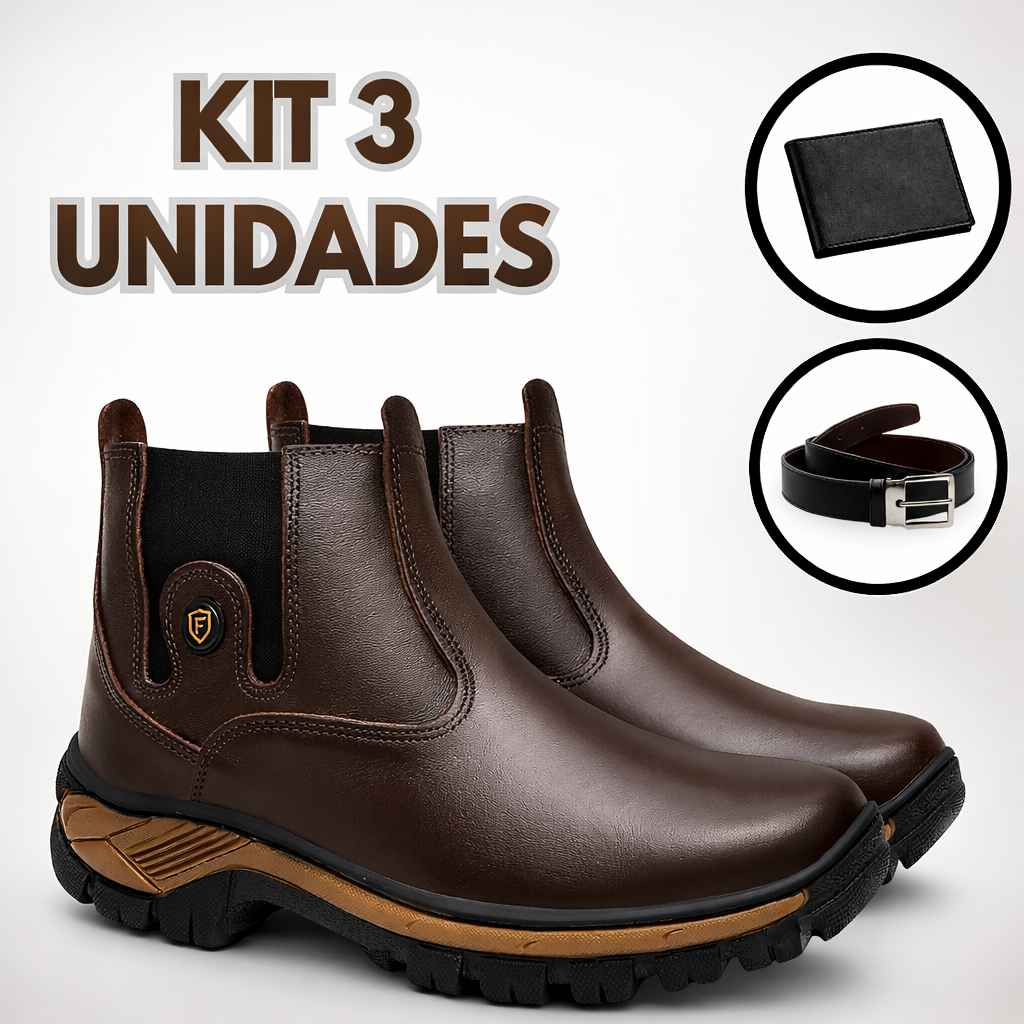 Bota Botina Workboot Masculina Flexen Couro Palmilha Gel Trabalho Reforçada Kit Carteira e Cinto