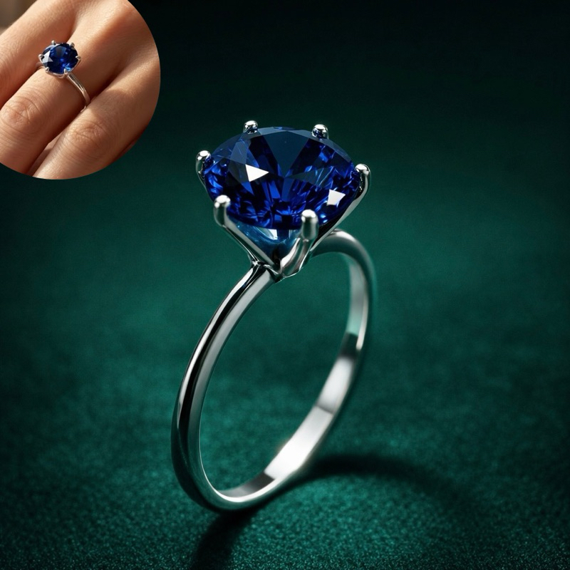 Anel Solitário Feminino Pedra Azul Grande 10mm Prata 925