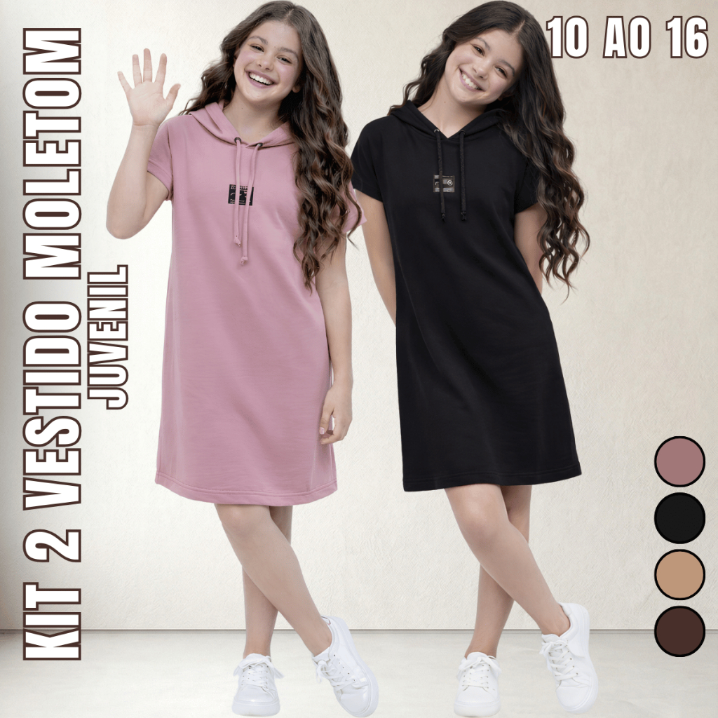 Kit 2 Vestido Moletom Juvenil Feminino 10 12 14 16 Calor Algodão Confortável  Soltinho Passeio Festa
