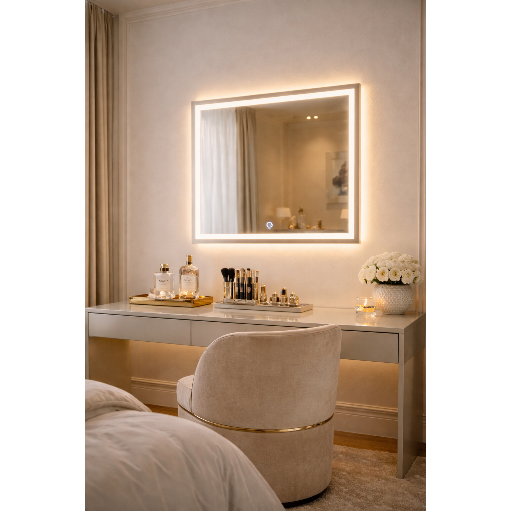 Espelho Quadrado 50×50 Jateado LED Touch 3 Cores Banheiro Salão Moderno