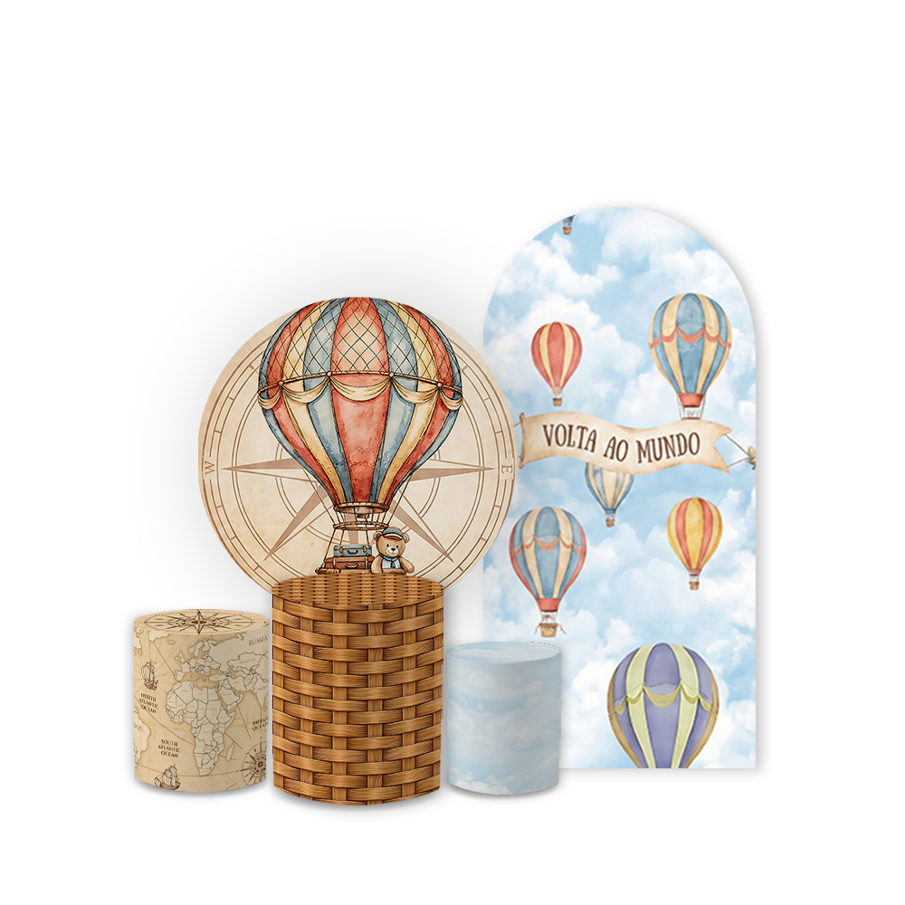Kit Festa Ursinho Baloeiro Decoração Infantil Volta Ao Mundo Capas Sublimadas Bibi Painéis