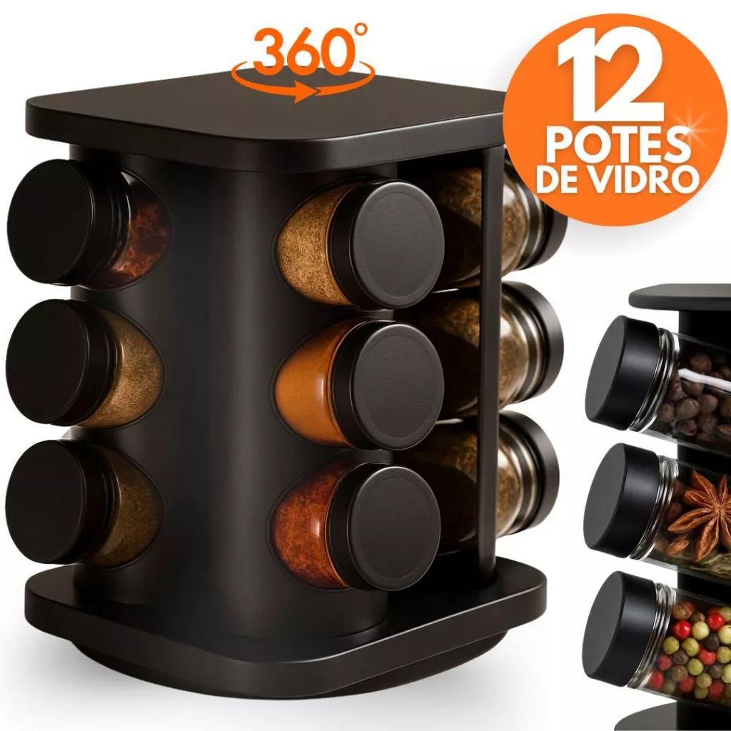 Porta Temperos Profissional Giratório 12 6 Potes Vidro OFERTA Tampa Dosadora Organizador Condimentos — imagem 1