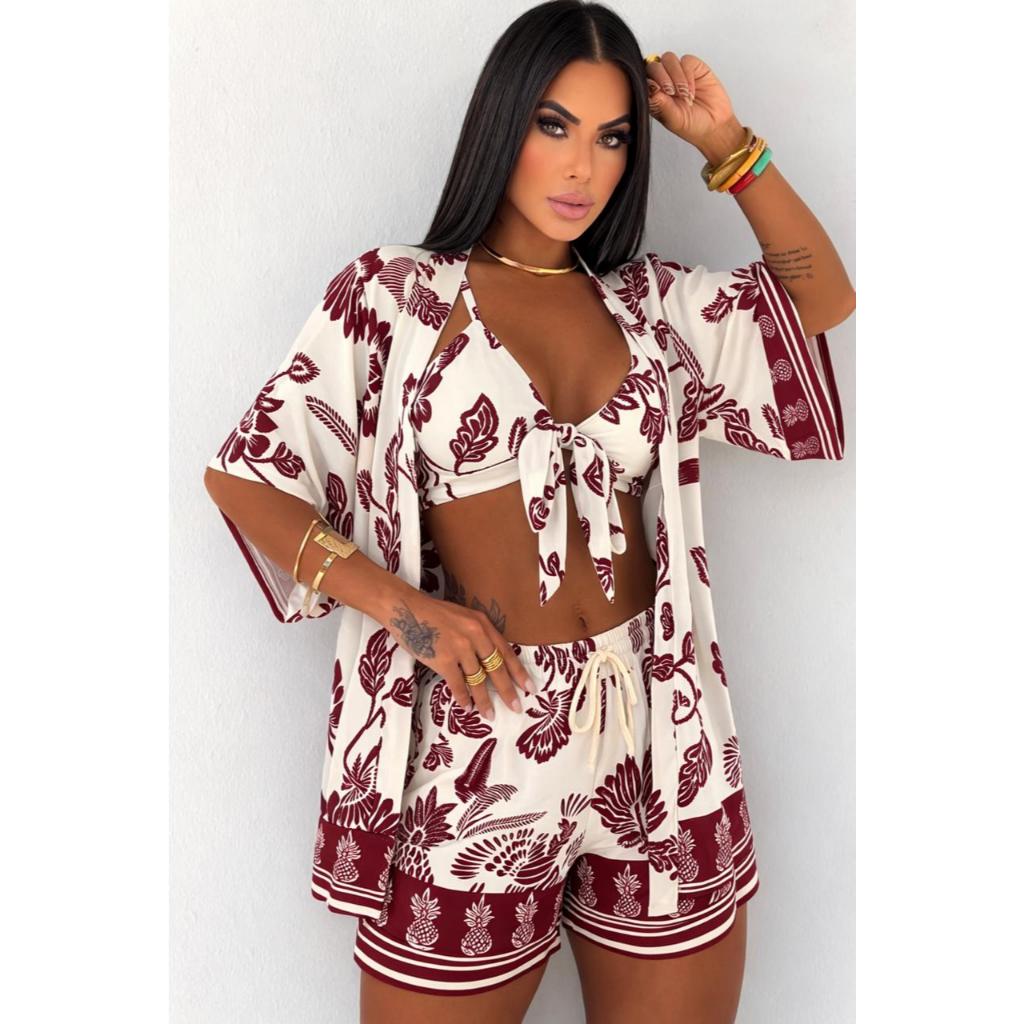Conjunto Kimono Short Top 3 peças Casual Moda Praia em Oferta na Shopee