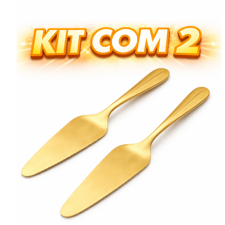 KIT 2 Espátula Dourada para Bolo e Torta Inox Mesa Posta Utensílio de Servir Gourmet Com Corte Serrilhado Luxo Sobremesa