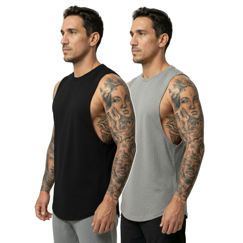 Kit 2 Regata Masculina Longline, Não Amassa, Seca Rápido, Tendência, Cavada Fitness Treino em Oferta na Shopee