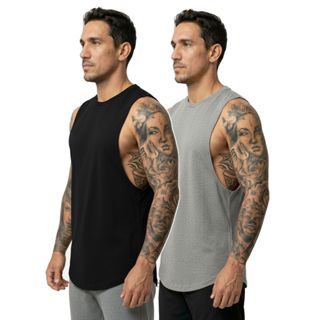 Kit 2 Regata Masculina Longline, Não Amassa, Seca Rápido, Tendência, Cavada Fitness Treino em Oferta na Shopee
