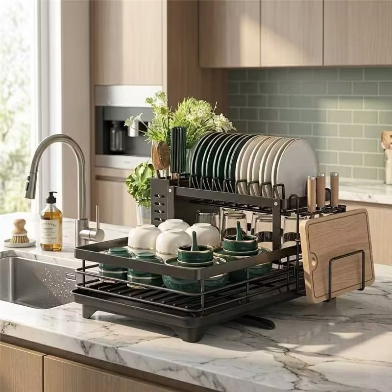 Escorredor de Louça Organizador de Pia Rack de Cozinha Duplo Aço Carbono Com Porta Copos Talheres