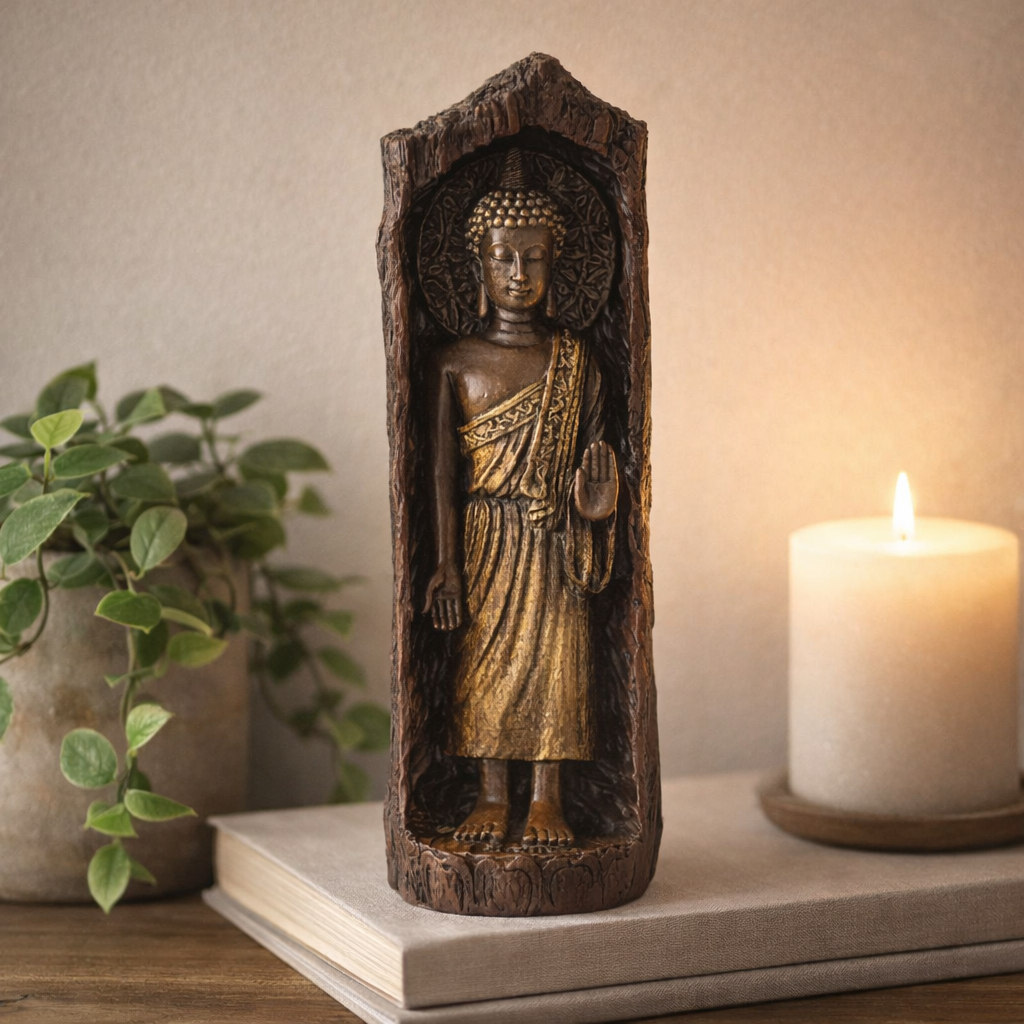 Imagem Estátua Buda Decorativa Resina Estilo Madeira Rústico Zen Espiritual Sala Meditação 27cm