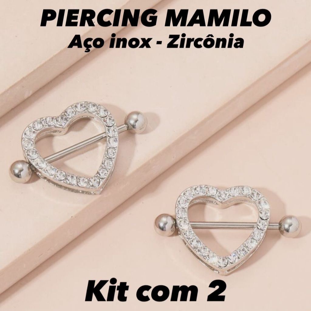 Kit 2 Piercings de Mamilo Aço Cirúrgico Coração Cravejado com Zircônia
