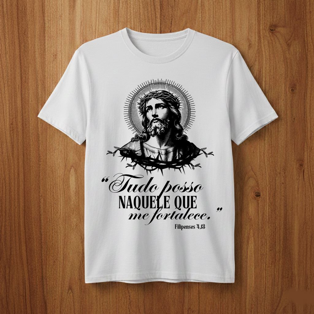 Camiseta Religiosa Tudo Posso Naquele Que Me Fortalece Infantil e Adulto P ao XGG