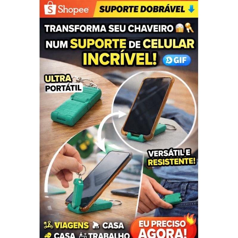 Suporte de Celular Portátil Chaveiro Dobrável Universal | Mini Suporte Celular Mesa Viagem Compacto Resistente