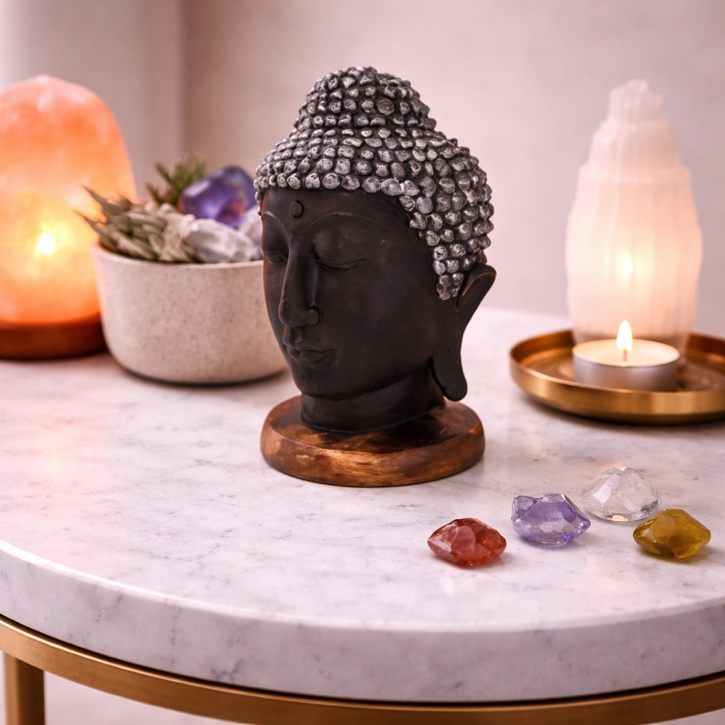 Buda Decoracao Busto Mesa artesanal Preto com Prata decoração de casa enfeite de sala