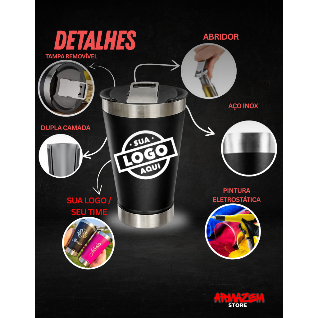 Detalhes do Copo Térmico Personalizado com Seu Nome Time Desenho - 473ML com Tampa e Abridor - CORES
