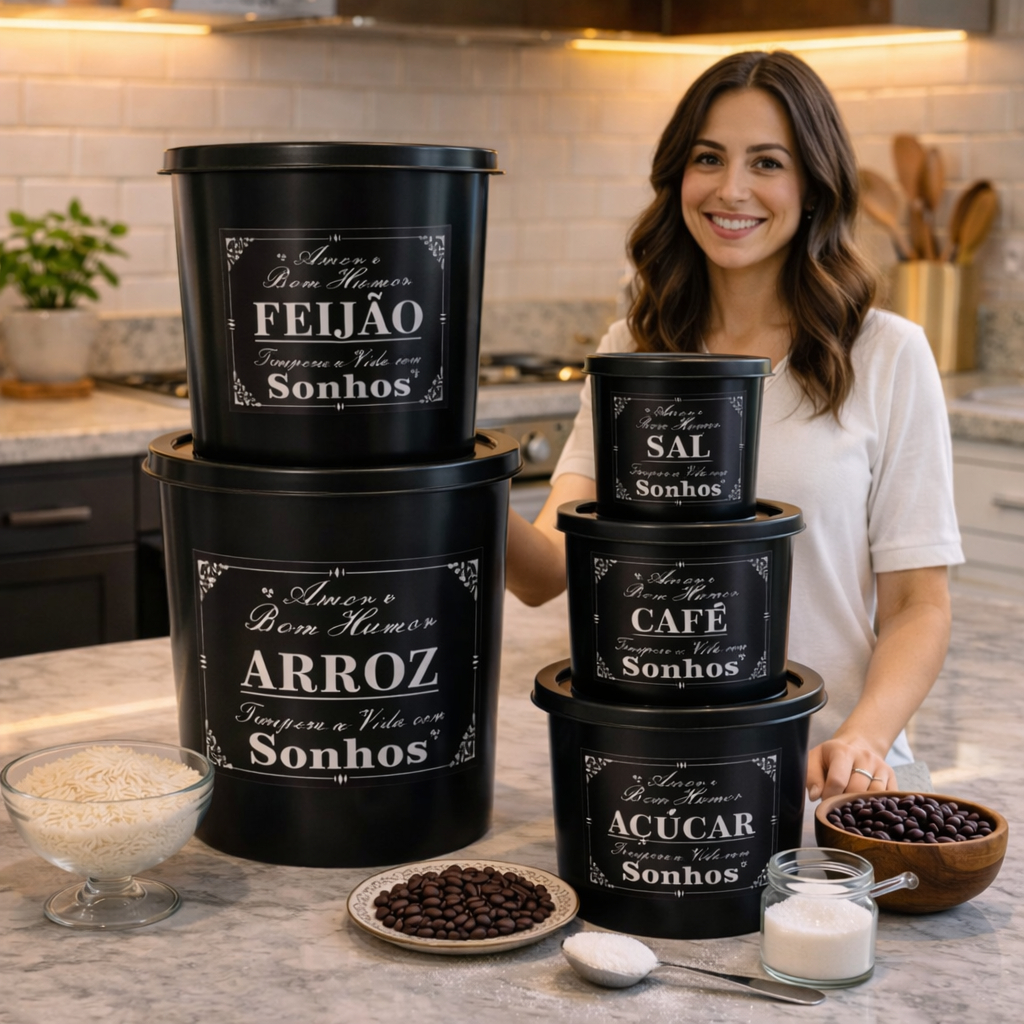 Kit Potes Para Mantimentos Alimentos Plástico Premium 5 Potes Cozinha Decorada e Organizada