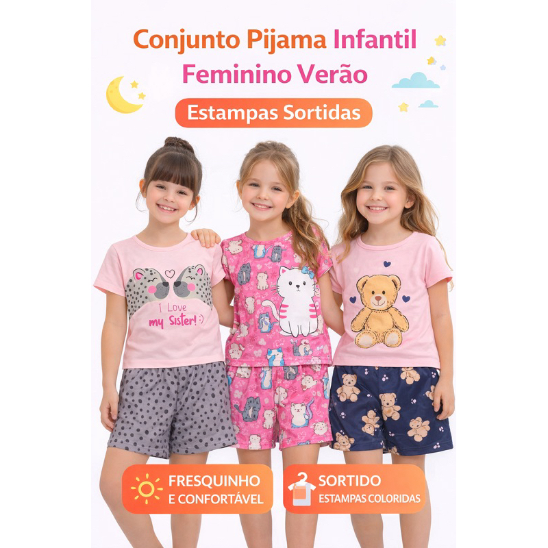 Conjunto Pijama Infantil Feminino Verão Algodão Estampado Confortável 1 ao 14