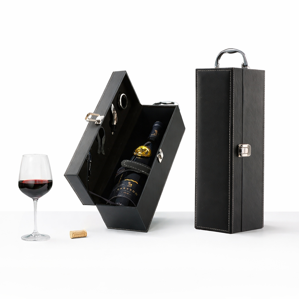 Maleta Vinho 4 Peças Couro Sintético acomodação para uma garrafa com Acessórios para Presente