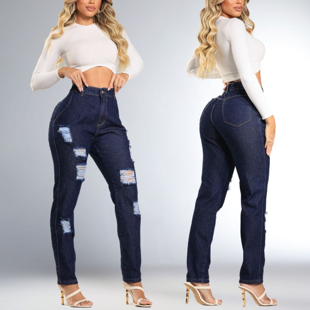 Calça Jeans Feminina Mom Escura Rasgada Com Pinça Detalhe Empina Bumbum Cintura Alta 100% Algodão