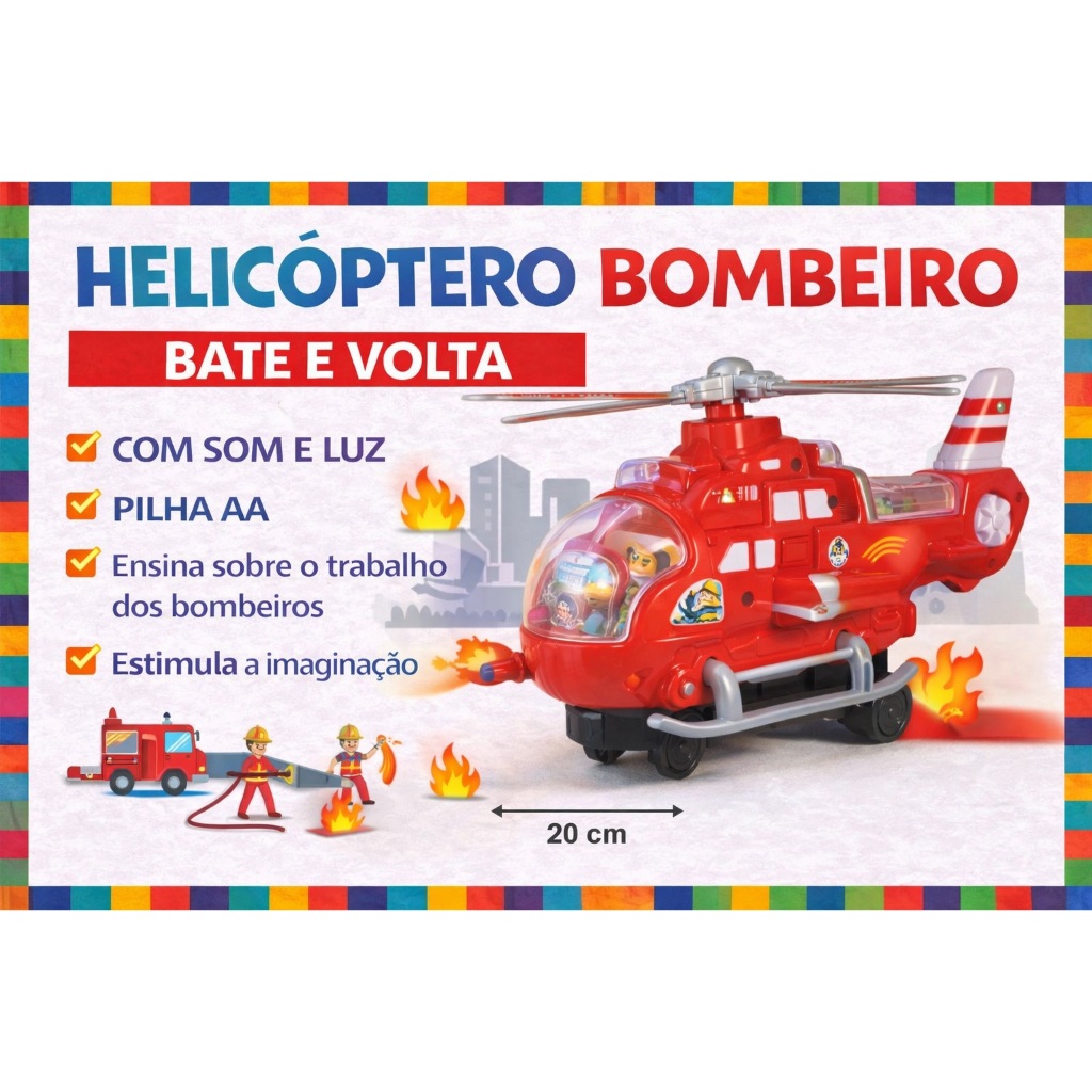 Brinquedo infantil Helicóptero Bombeiros Bate e Volta com Luz Som Giro Brinquedo