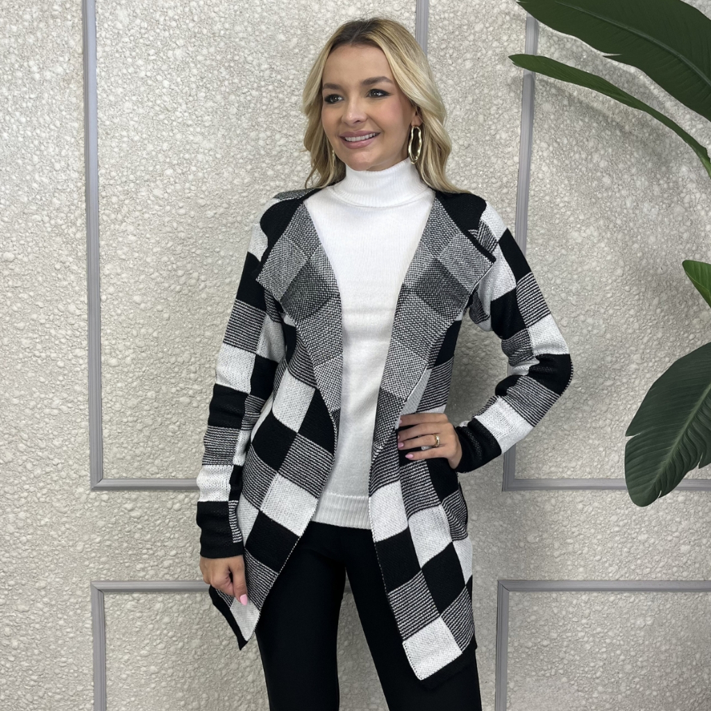 Casaco Feminino Tricô Xadrez Bicolor Inverno Sobretudo Alfaiataria Elegante