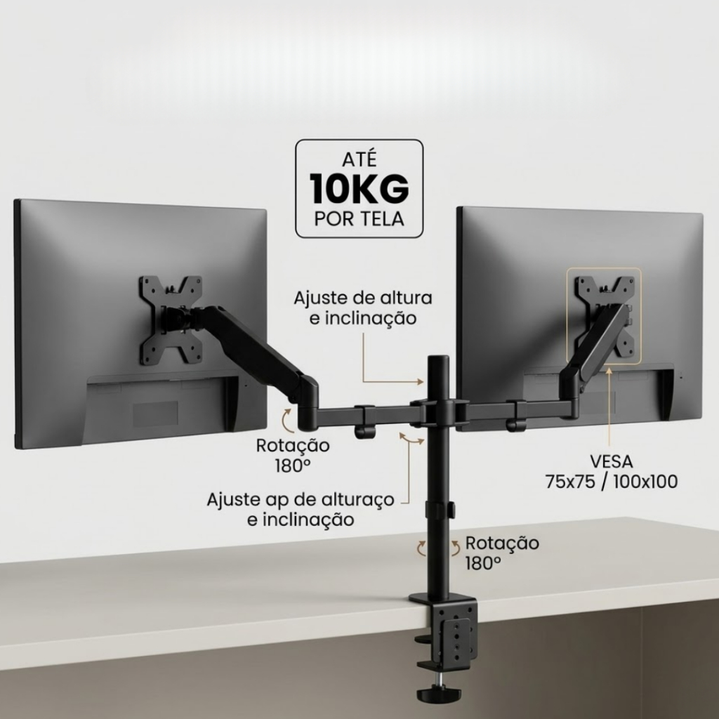 Suporte para Dois Monitores 13" a 27" com Braço Articulado VESA Ajustável Rotação Inclinação