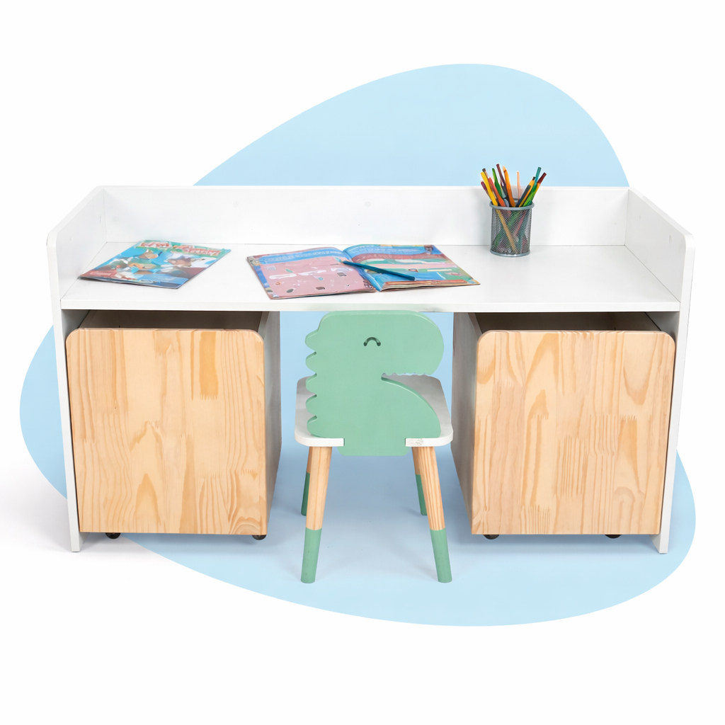 Kit Educativo Escrivaninha Infantil Bancada Organizadora Grande Madeira Dinossauro em Oferta na Shopee