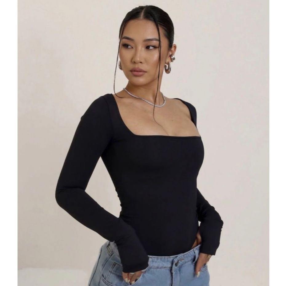 Body   famosinho decote QUADRADO Feminino Manga  LUVA Longa  - Confortável e Estiloso moda gringa.