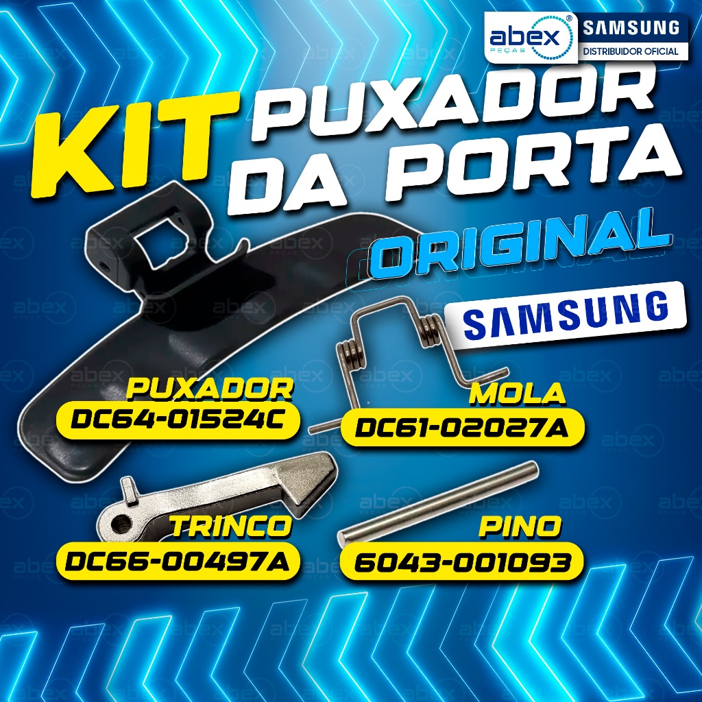 Kit Puxador Com Mola Pino E Trinco Lava E Seca Samsung WD0854W WD106U WD856U WD8854R DC64-01524C