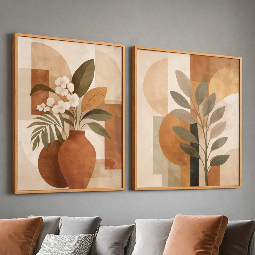 Kit de Quadros Decorativos Vasos Com Flores Boho Decor Home Sala Com Moldura e Vidro