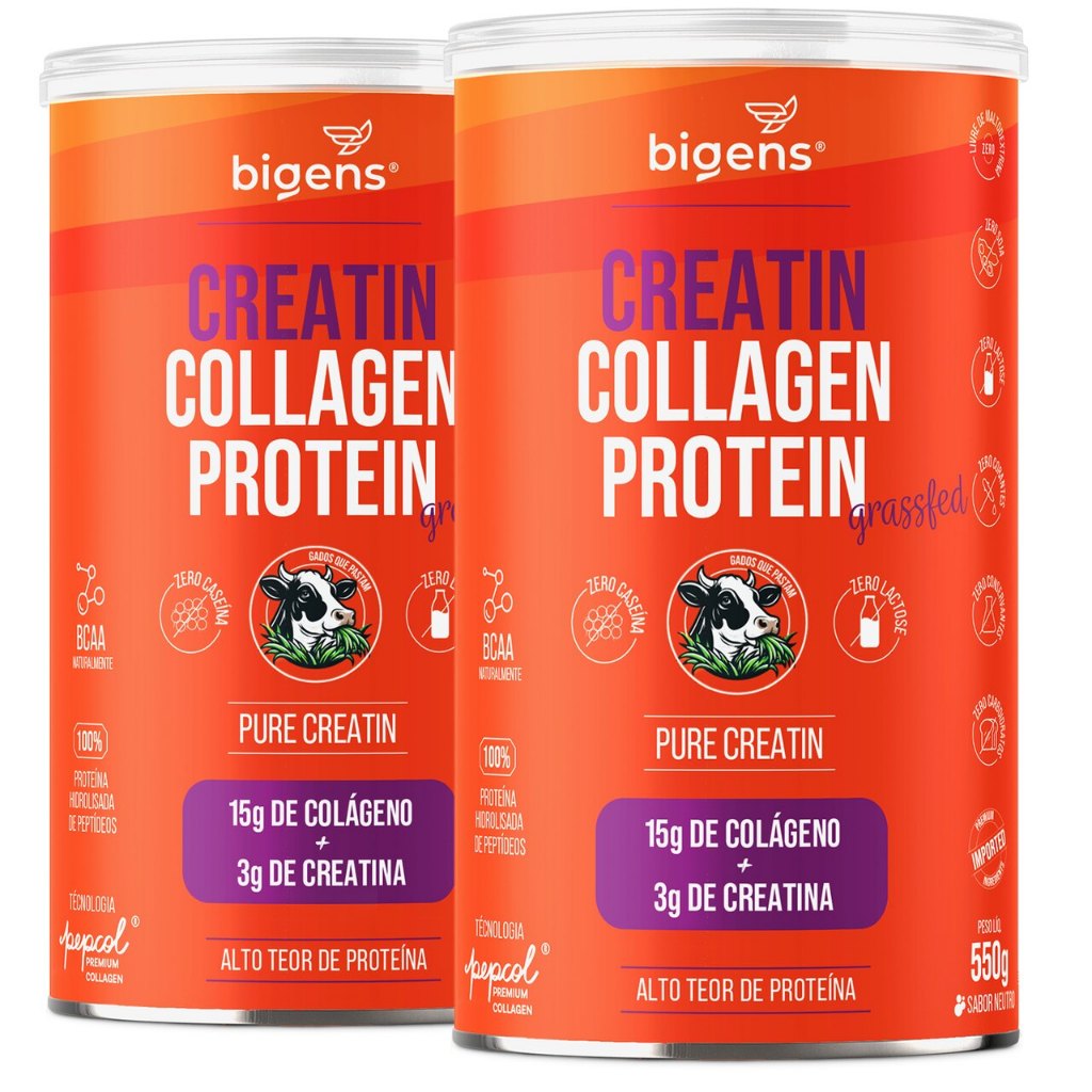 Kit 2x Bigens Grass-Fed Creatin Collagen Protein 550 g Neutro – Creatina Monohidratada + Colágeno