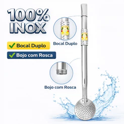 Bomba Chimarrão Inox 23cm Bocal Duplo Bojo Rosca Brasão RS Aço Inoxidável