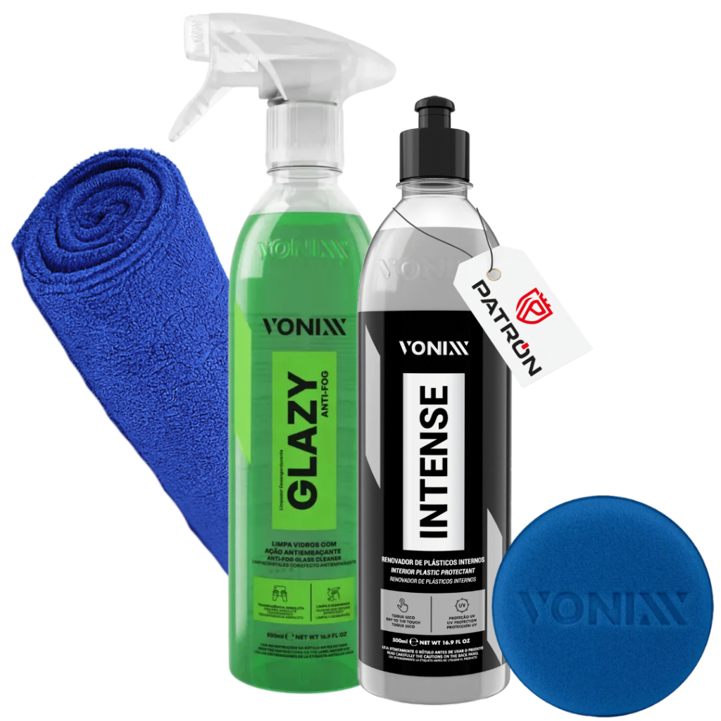 Kit Vonixx Limpa Vidros Antiembaçante Glazy + Intense Renovador Plásticos + Microfibra + Aplicador