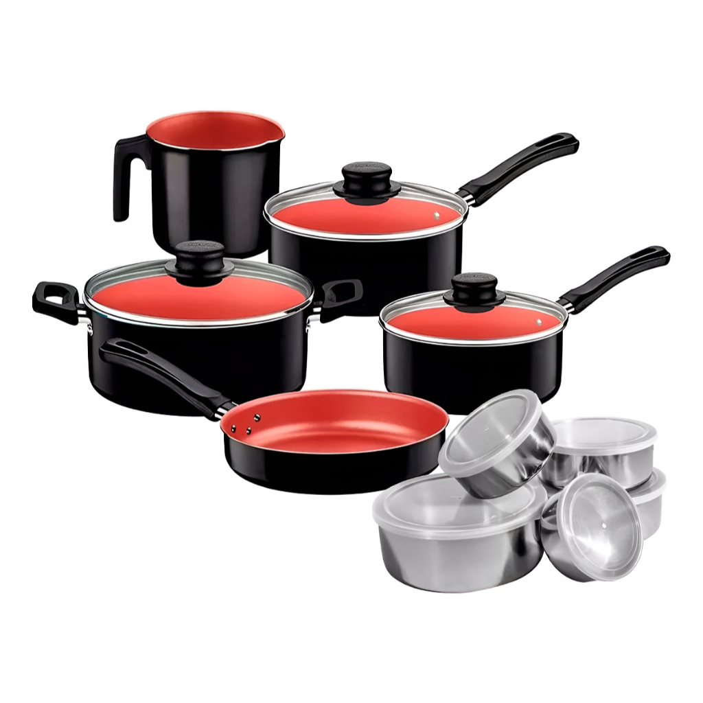 Jogo de Panelas Tramontina Caribe 5 pçs Antiadernte e Conjunto de Tigelas Inox 5 Pçs