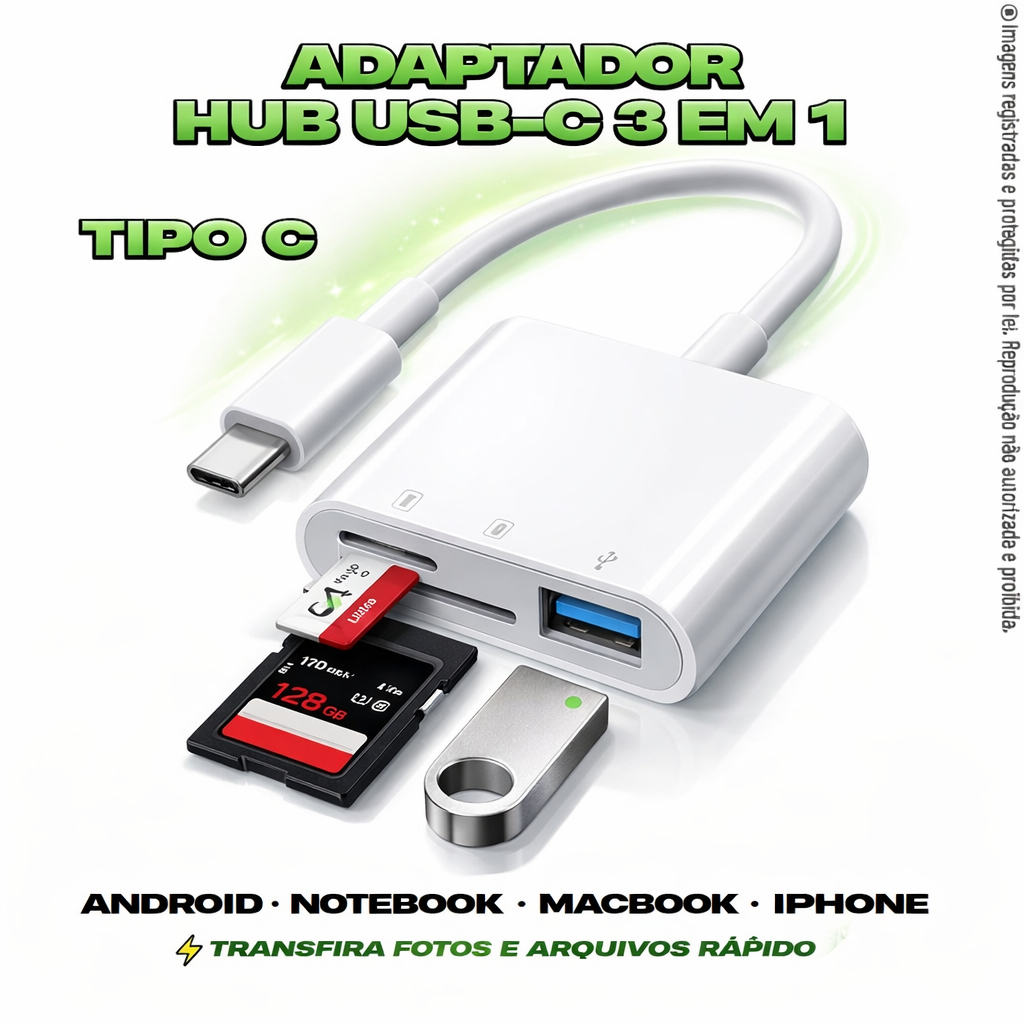 Adaptador leitor cartão de memória 3 em 1, SD, MicroSD e USB Tipo C, TF, OTG, conversor para Celulares, Tablets