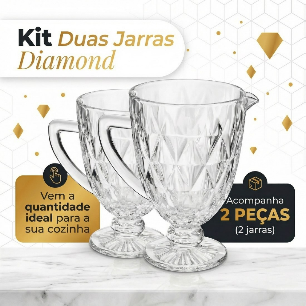 Kit 1 a 2 Jarra Diamond Diamante De Vidro Grosso 1,2 Litros Design Elegante