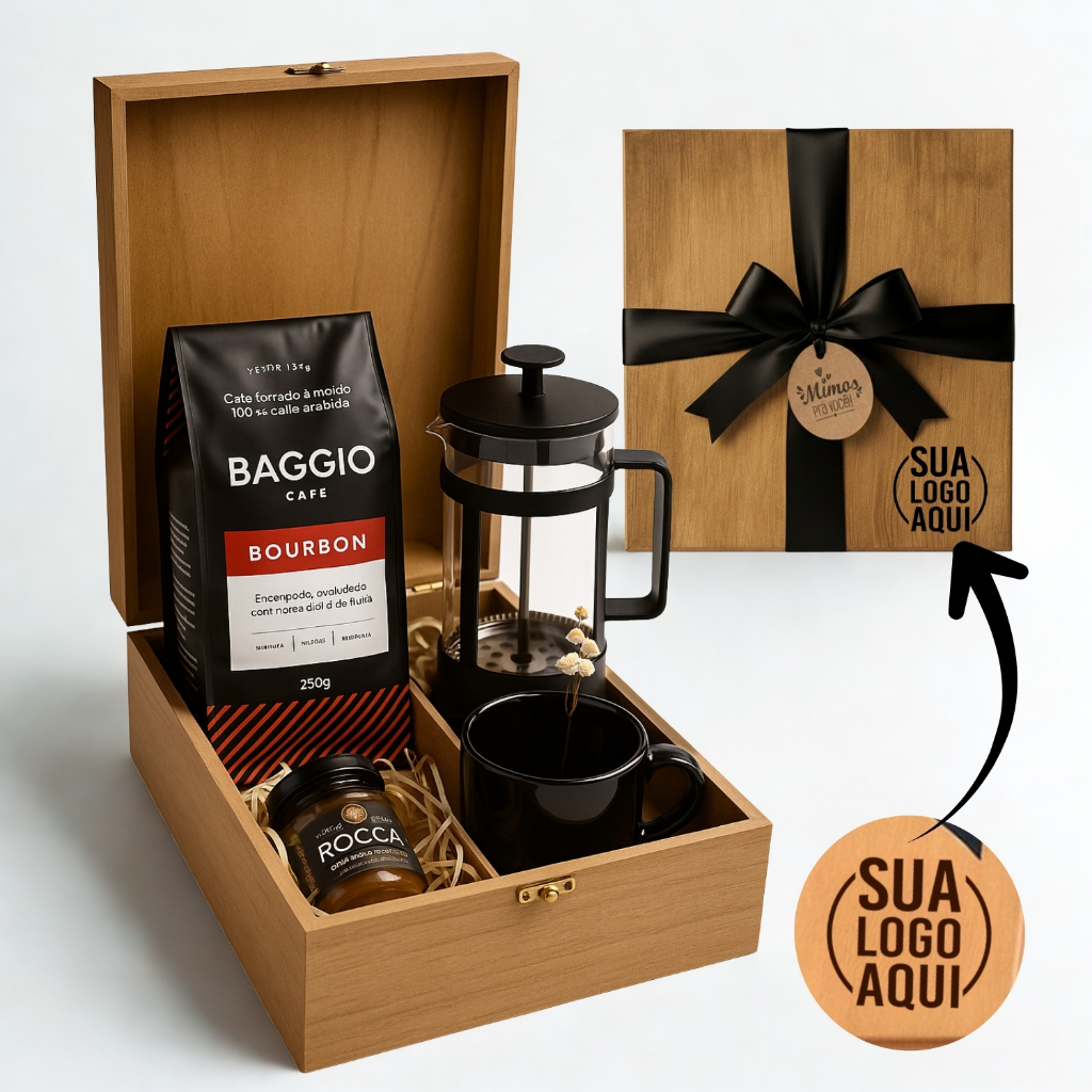 Cesta Café Gourmet Baggio – Kit Presente Premium. Estojo em Madeira - PERSONALIZE COM NOME OU LOGO!