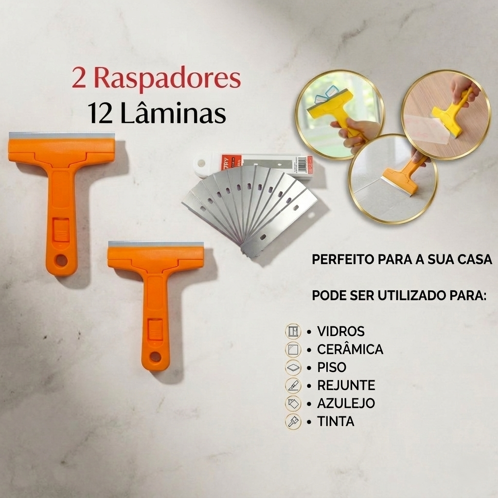 Kit  Raspador Multiuso com 12 Lâminas Raspador Estilete Vidro Chão Piso Cerâmica Azulejo Box Limpeza