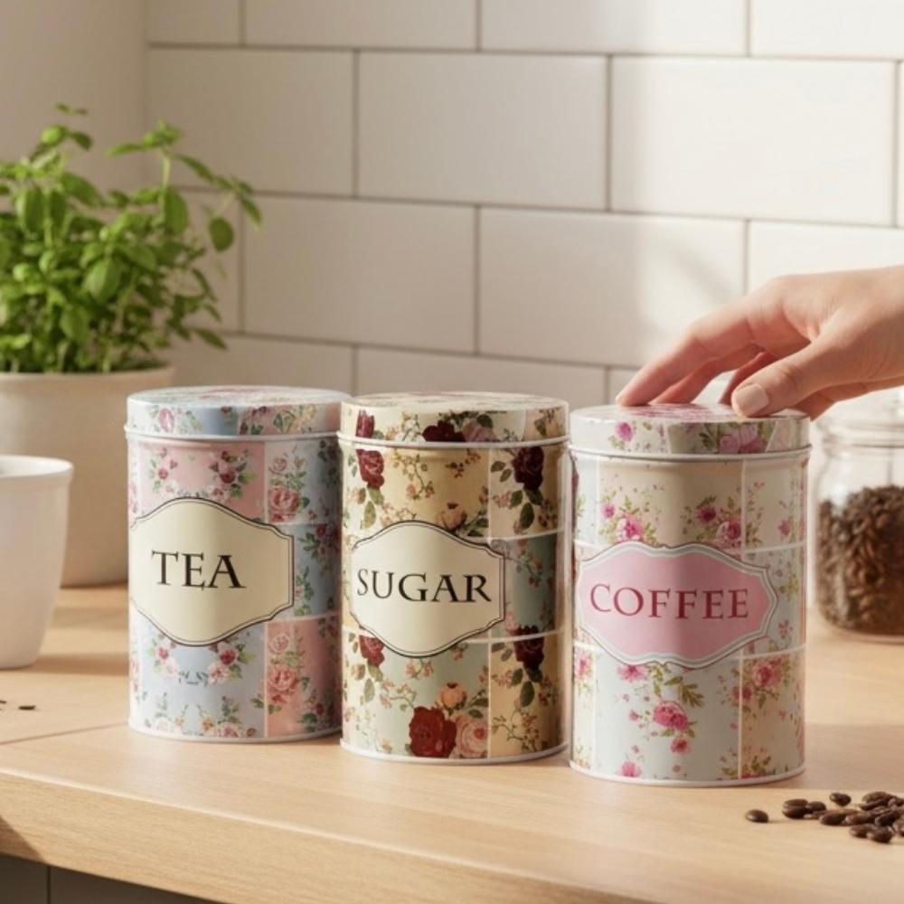Kit Lata Porta Mantimentos Hermético Pote Café Açúcar Chá Cantinho do Café Cozinha Mantimentos Multiuso