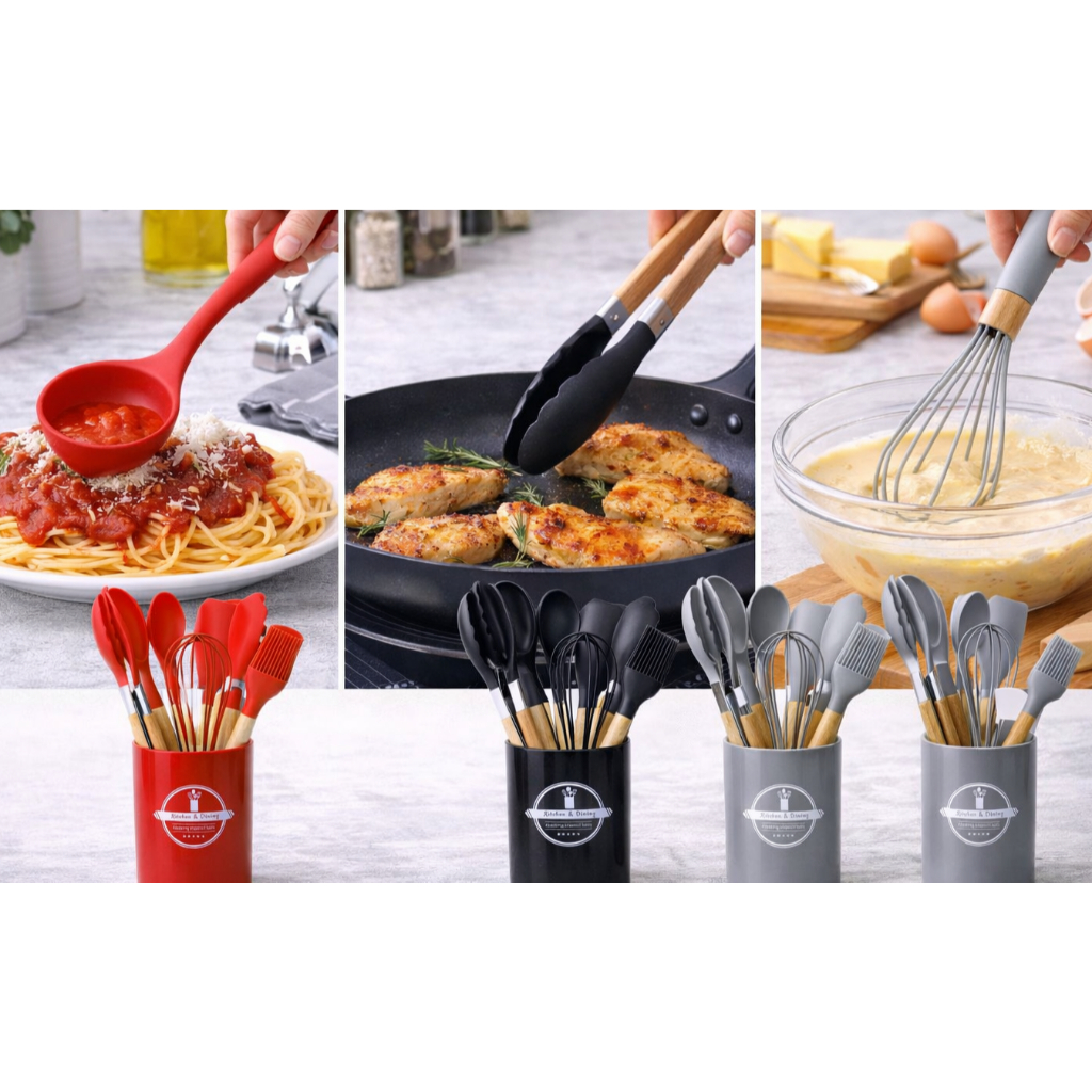 Kit Utensílios Silicone Cozinha com Suporte – Conjunto Completo Antiaderente Não Risca Panelas Resistente ao Calor
