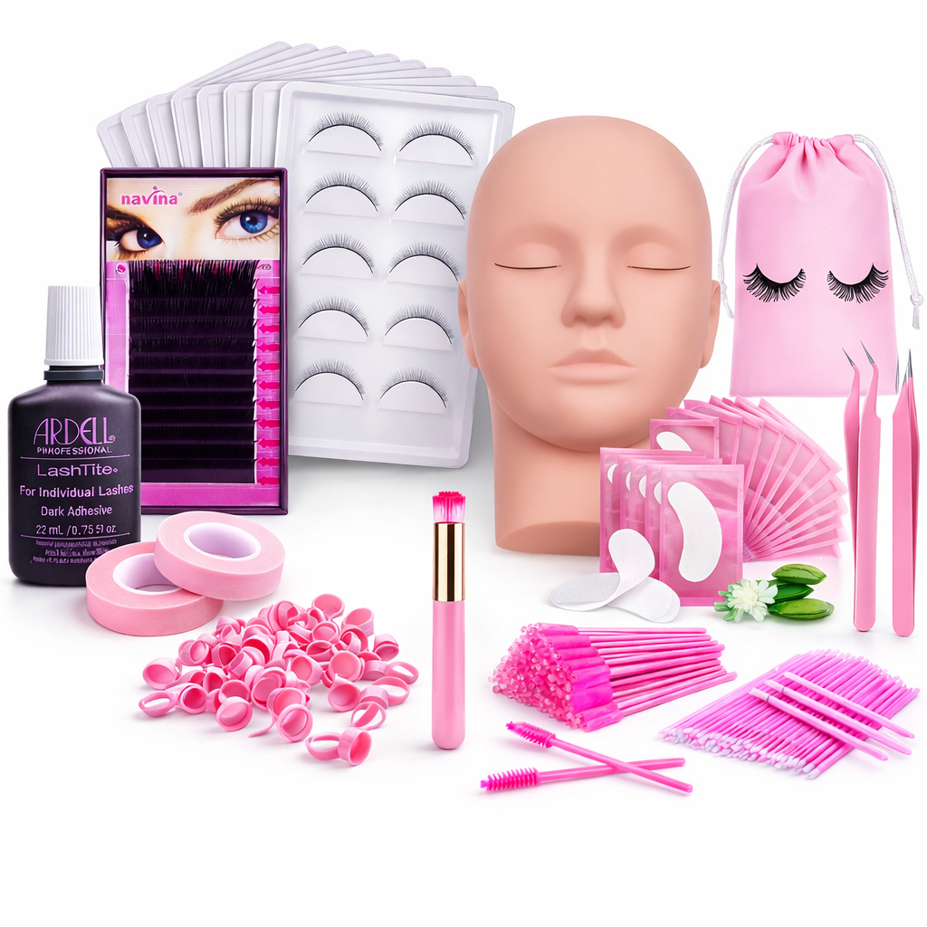 Kit De Extensão De Cílios Completo Com Rosto Treino, Pinças, Cilios, Micropore, Pads, Cola e Bag
