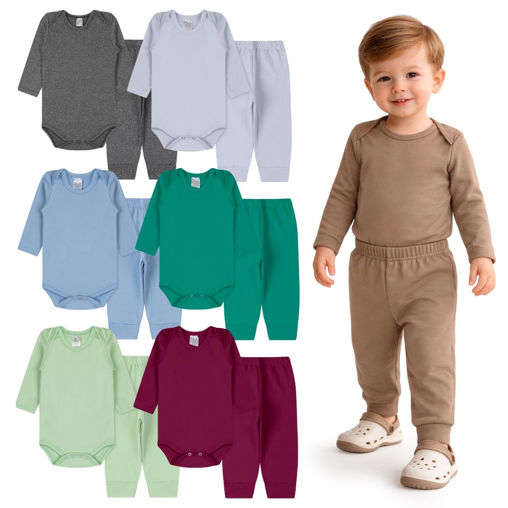 Kit 2 Conjuntos Body Térmico Peluciado 2 Body e 2 Calças Infantil Bebê Unissex Tamanho P ao 3 Anos