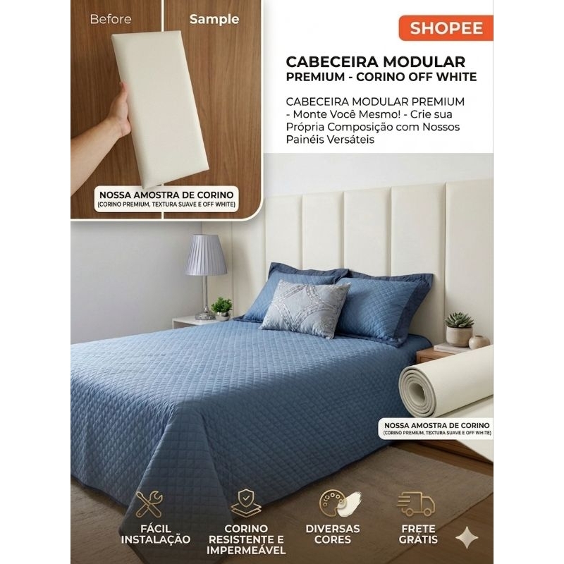 Cabeceira Modular Adesiva para Cama, Módulos de 118CMx20cm em Corino Premium, Decoração e Conforto,