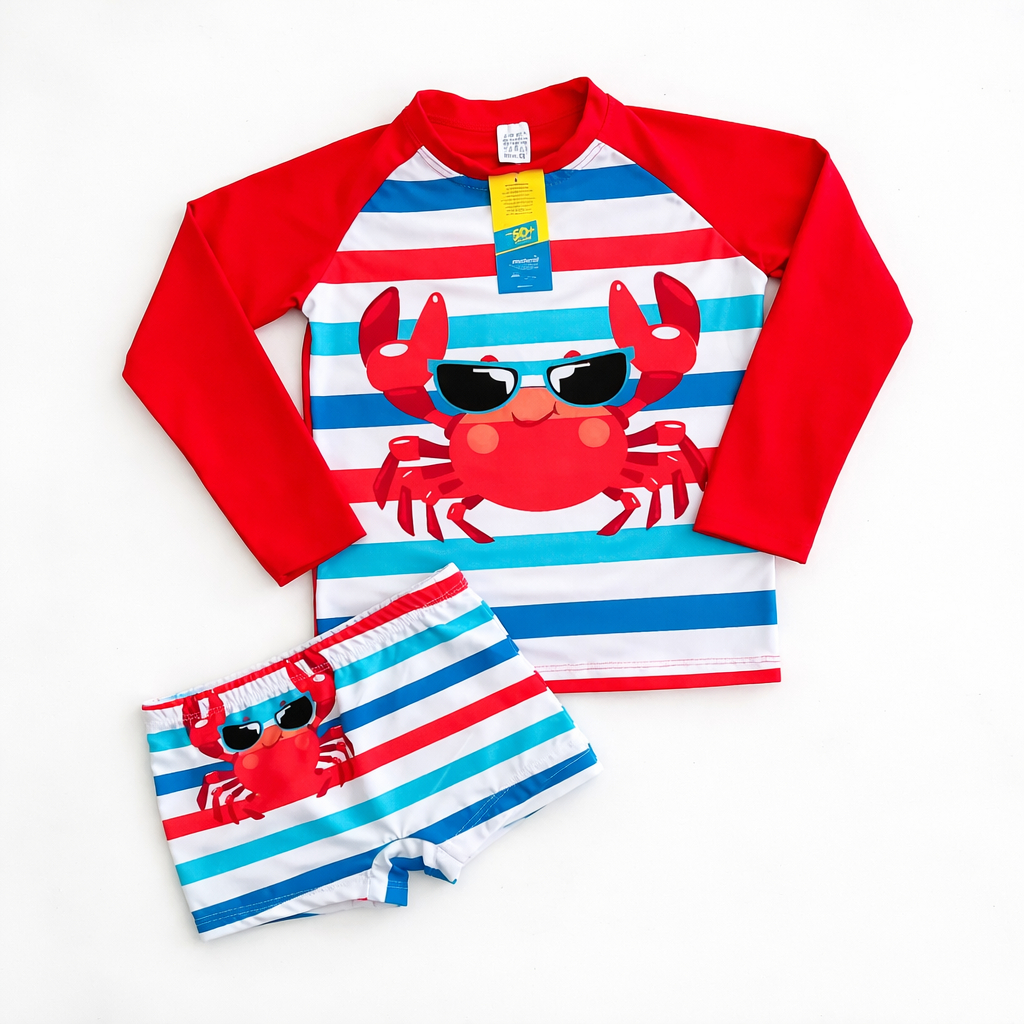 Kit Praia Infantil Masculino Camisa UV50+ Manga Longa + Sunga - Caranguejo