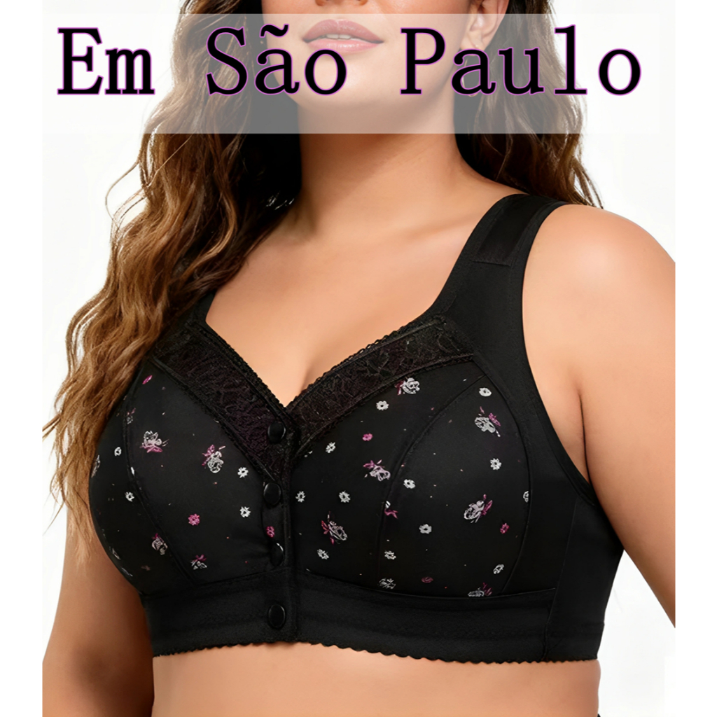 Sutiã Plus Size Lingerie Puro Algodão Sem Fio Linha Frontal Botões De Renda Impressão De Borda