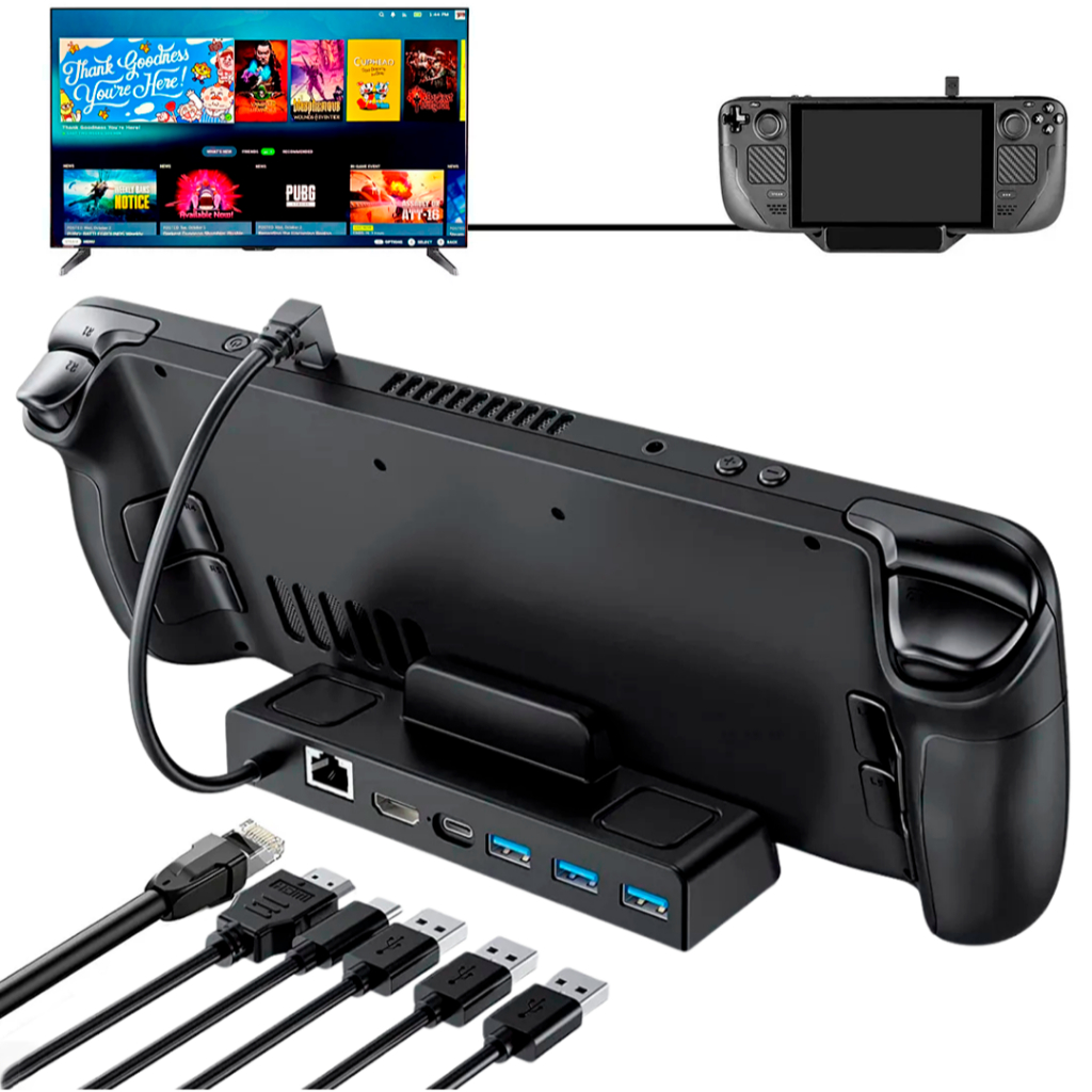 Steam Deck Base Dock 7 em 1 HDMI 4K 60Hz RJ45 Gigabit + 3 USB Projete na TV Hub Station Legion Go Suporte 1000Mbps 100w